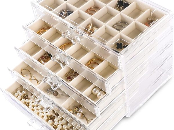 5 Drawer Acrylic Jewellery Organiser with 61 Grids, Velvet Lining