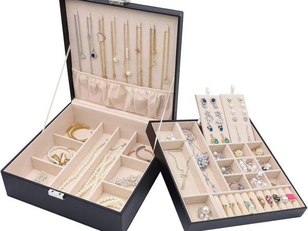 Large 2 Layer Leather Jewellery Organiser with Earring Pad